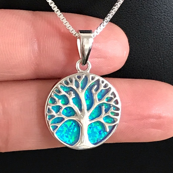 Sterling Silver Blue Opal Tree Of Life Necklace - Picture 2 of 8